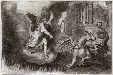 Royaumont Bible, New Testament: Dragon Chains. The Dragon of Revelation, symbol of the Devil, is chained by an Angel holding the key of the abime. Illustration from 1811