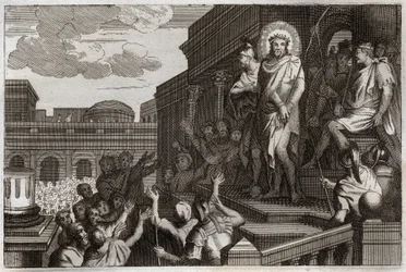 Royaumont Bible, New Testament: Ecce Homo. Pontius Pilate Presents Jesus Christ to the Crowd Saying, 