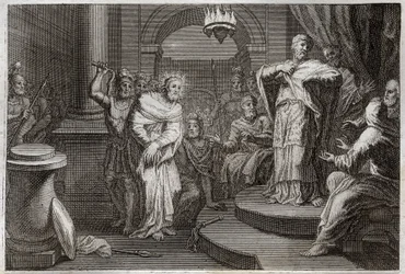 Royaumont Bible, New Testament: Jesus Christ Before Caiphus and Anan. Illustration from 1811
