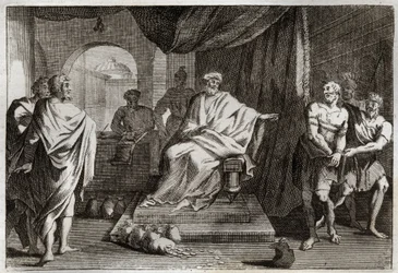 Royaumont Bible, New Testament: Parable of Talents. A master punishes one of his servants who hid the money he gave him. Illustration from 1811.