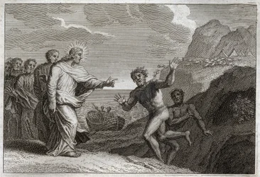 Royaumont Bible, New Testament: Jesus Christ healed a possessed man that the demon made furious. Illustration from 1811