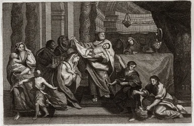 Royaumont Bible, New Testament: Purification of the Virgin or presentation in the Temple. The Holy Family offers Jesus Christ to the Temple and gives him to Simeon. A woman holds two doves in a basket. Illustration from 1811.