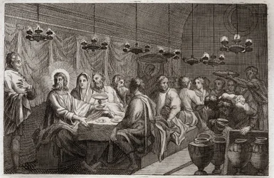 Royaumont Bible, New Testament: The Wedding of Cana. First Miracle of Jesus Christ Changing Water into Wine. Illustration from 1811