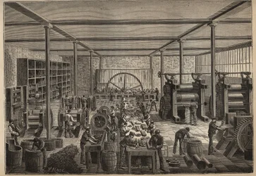 Rubber: Rubber Factory. Engraving from 1885 in 