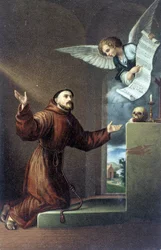 Saint Francis of Assisi (1181 or 1182 - 1226) before an Angel, 19th century chromolithography