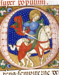 Saint Martin Sharing His Coat with a Poor Miniature of the 15th Century Bibl. Nazionale Braidense