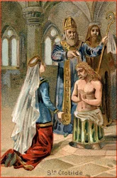 Saint Remi, bishop of Reims, baptizing Clovis I, King of the Franks (465-511), on 25 December 496. On the left, Saint Clotilde