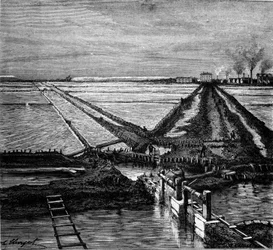 Salt production: view of a saline (salt marsh) on the Mediterranean coast. Engraving of the 19th century