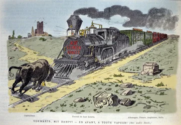 Satirical allegorical vignette: the bull symbol of capitalism tries to stop the train of labor reform. Each wagon is designed for a country: Germany, France, England, Italy 1897