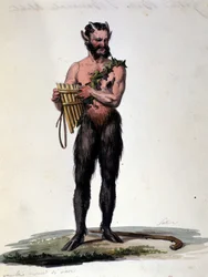 Satyre and music. 19th century engraving