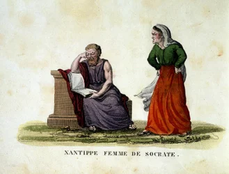 Domestic scene between Socrates and his wife Xanthippe - engraving