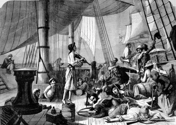 Scene on the deck of a pirate ship. 19th century engraving