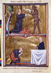 Scenes from the life of the monk Saint Theophile the Penitent (6th century). Miniature from "Psalter of Ingeburg of Denmark", circa 1210. Sainte Genevieve Library