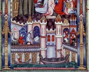 Scenes of Construction and Navigation Work in Paris in the Middle Ages from the Manuscript Life of Saint Denis by Yves