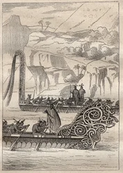 Second voyage (1772-1775) by Captain James Cook (1728-1779): Neo-Zelandans war canoes (Neo Zelandaises) - illustration taken from 