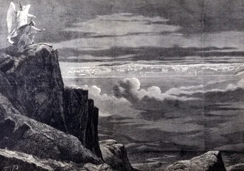 Seen of Heavenly Jerusalem; image of earthly Jerusalem after the Last Judgment. Engraving of the 19th century.