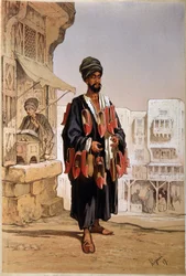 Seller of slippers and hookah smoker in Egypt
