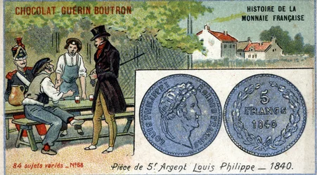 Series Histoire de la Monnaie Française published by Chocolat Guérin Boutron. Chromolithography 19th century. 5 franc silver coin. Louis Philippe 1st in 1840