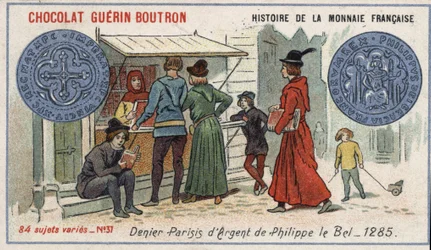 Series Histoire de la Monnaie Française published by Chocolat Guérin Boutron. Chromolithography 19th century. Silver denier by Philippe le Bel in 1285