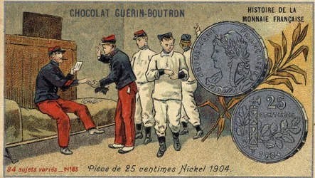 Series Histoire de la Monnaie Française published by Chocolat Guérin Boutron. Chromolithography 19th century. 25 cent coin. Nickel 1904