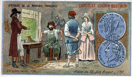 Series Histoire de la Monnaie Française published by Chocolat Guérin Boutron. Chromolithography 19th century. Coins of 15 silver sols in 1791