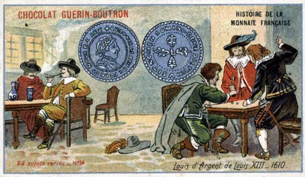 Series Histoire de la Monnaie Française published by Chocolat Guérin Boutron. Chromolithography 19th century. Louis XIII Silver Louis in 1610
