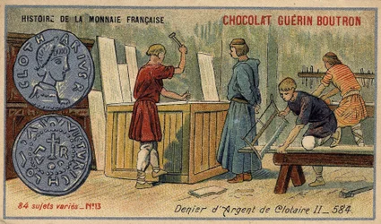 Series Histoire de la Monnaie Française published by Chocolat Guérin Boutron. Chromolithography 19th century. Silver Denier of Clotaire (Clothaire) II in 584