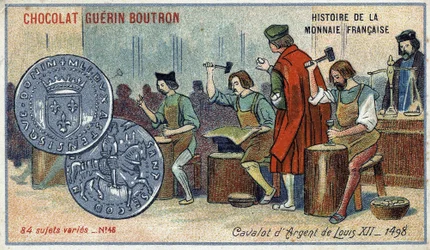 Series Histoire de la Monnaie Française published by Chocolat Guérin Boutron (Chromolithography 19th century). The Silver Cavalot of Louis XII (1498)