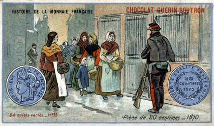 Series Histoire de la Monnaie Française published by Chocolat Guérin Boutron (Chromolithography 19th century). 20 centimes coin in 1870