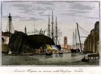 Ship shot down in the hull. Venetian fregate whose hull is being repaired in the arsenal. Engraving of the 19th century.