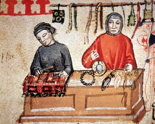 Shop for handicrafts. 14th-century manuscript. Biblioteca Nazionale di Firenze