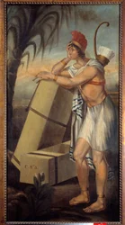 Sign of tobacco dealers representing an American Indian leaning on boxes of tobacco