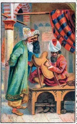 Sindbad makes a saddle. The wonderful adventures of Sinbad the sailor. Popular tale of 1001 nights.