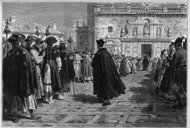 Spain 1880: the feasts of Santiago de Compostela, the procession of the pilgrims at the entrance of the Basilica
