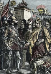 Spanish Conquest of Mexico: meeting between Hernan Cortes and Montezuma II in 1519