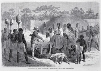 Speke presenting his hunting trophies to S.M. Rumanika - in Tour du Monde