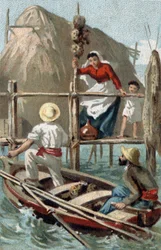 Sponge fishermen in Cuba. Chromolithography of the late 19th century