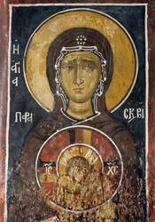 St Paraskevi, personification of Good Friday holding icon of Christ of Supreme Humility, fresco, Byzantine church of Our Lady of Asinou, Troodos mountains, Cyprus (1332-1333)