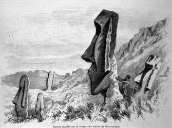 Statues placed on the slope of the volcano of Ronoraraka on Easter Island (Rapa Nui).