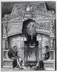 Steam and solar heat: Eolipyl fireplace, steam and reaction machine system originally designed by Heron of Alexandria. Engraving in 