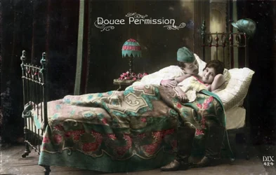 Sweet Permission: A French Soldier on Leave Finds His Beloved in Bed, Postcard of the First World War 1914-1918