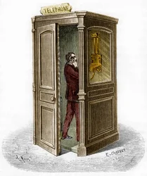 Telephone booth in 1888. Engraving in The Journal of Youth