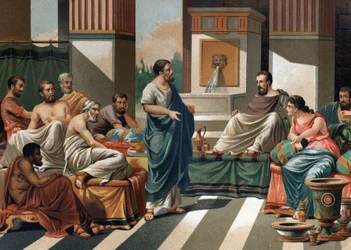 The Banquet of Periander for the Seven Wise Men of Greece. From left to right: Bias, Esop, Anacharis, Cleobule, Solon, Pythagoras, Periander and his wife Melisse. After 