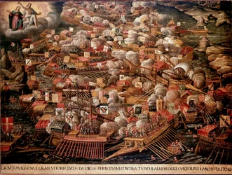 The Battle of Lepanto off the coast of Greece opposed a Spanish, Venetian and Pope forces to the Ottomans in 1571. Anonymous painting. 16th century. Venice Museo Correr
