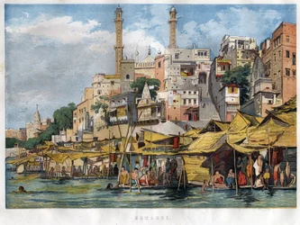The Benares ghat in India (present-day Varanasi). Engraving from 1857.