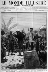 The Brazza Mission in West Africa: Pietro Paolo Savorgnan di Brazza or Pierre Paul Francois Camille Savorgnan de Brazza (1852-1905) organizing a convoy of Batekes carriers to Franceville (Gabon) on December 14