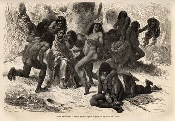 The Chunchos Indians assaulted the team of Marcoy in the Caravaya valley (Andes cordillera), but the latter had nothing to flee, the Indians had fun undressing the explorers and making them up with rockoo seeds. Engraving illustrating the journey