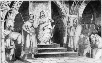 The Crowning of Chilperic II (670-721) - Chilperic II (670-721) is placed on the throne by Rainfroi (Ragenfred) (mayor of the Neustrie Palace) in 715 - Engraving of 1825 in 