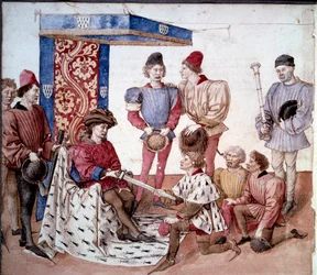 The Duke of Brittany presents his sword to the kings of arms. Miniature taken from The book of tournaments of King Rene of Anjou (Rene I of Naples) (1409-1480)