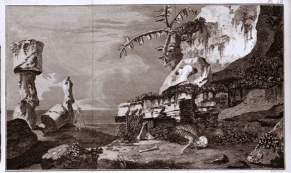 The Easter Island (Rapa Nui) in Polynesia after the “Viaggi del Capitano Cook” (19th century engraving)